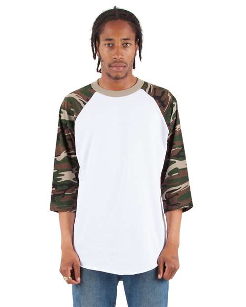 Unisex Three-Quarter Sleeve Camo Raglan T-Shirt SHRAGCM